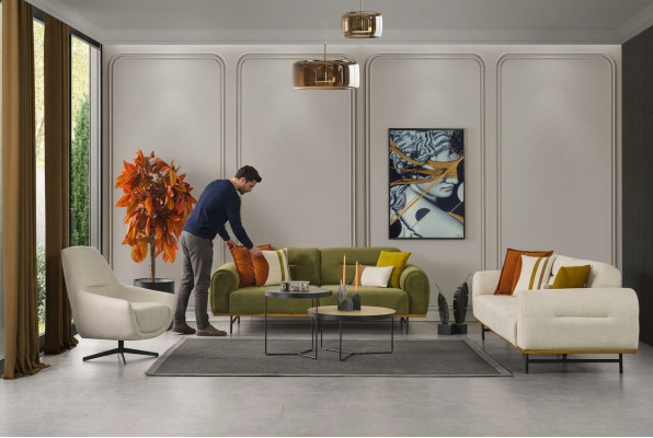 Designer living room set of 2 pieces. Luxury furniture beige color modern novelty