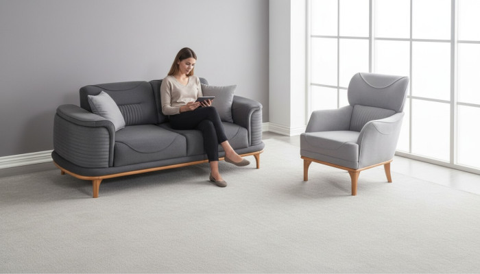 Modern gray 2-piece living room set with three-seater sofa and armchair