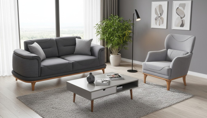 Modern gray 2-piece living room set with three-seater sofa and armchair