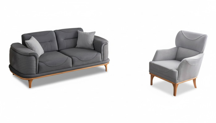 Modern gray 2-piece living room set with three-seater sofa and armchair