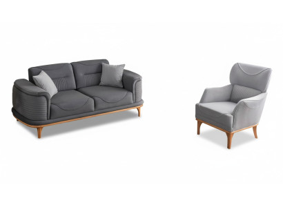 Modern gray 2-piece living room set with three-seater sofa and armchair