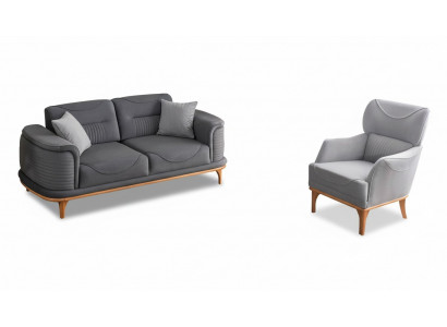 Modern gray 2-piece living room set with three-seater sofa and armchair