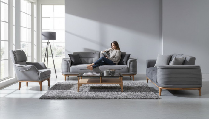 Luxurious upholstered suite in gray: Two three-seater sofas & armchair new