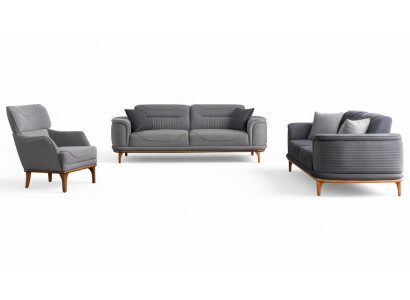 Luxurious upholstered suite in gray: Two three-seater sofas & armchair new