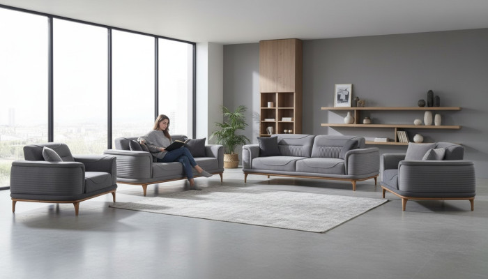 Luxurious Grey 4-Piece Upholstered Suite: Three-Seater Sofa for Living Room