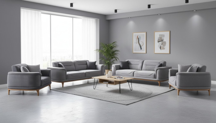 Luxurious Grey 4-Piece Upholstered Suite: Three-Seater Sofa for Living Room