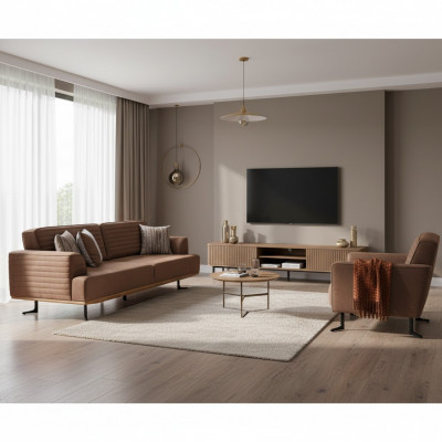 Elegant brown three-seater sofa with modern design for living room.