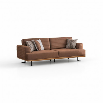 Elegant brown three-seater sofa with modern design for living room.