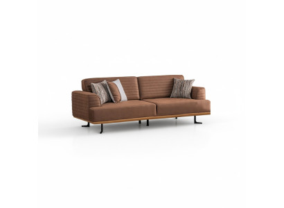 Elegant brown three-seater sofa with modern design for living room.