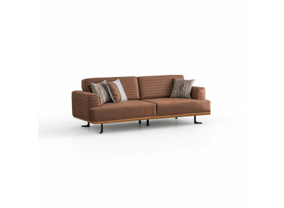 Elegant brown three-seater sofa with modern design for living room.