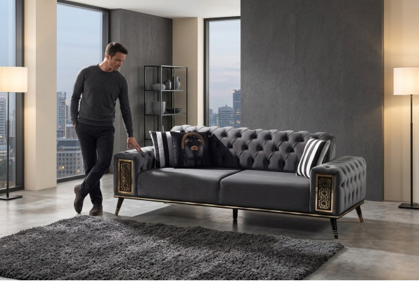 Chesterfield Black-Gold Three-Seater Living Room Luxury 3-Seater Furniture