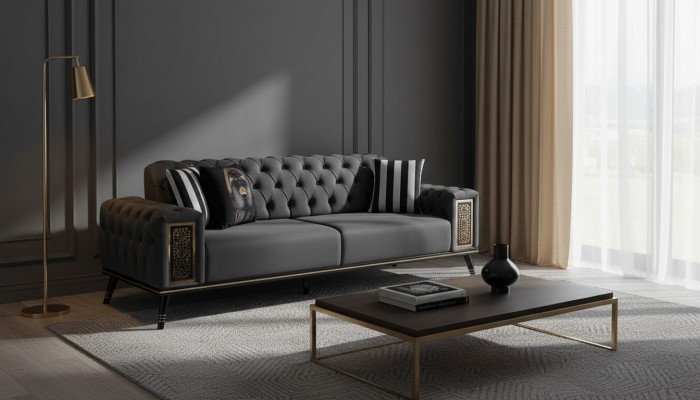 Chesterfield Black-Gold Three-Seater Living Room Luxury 3-Seater Furniture