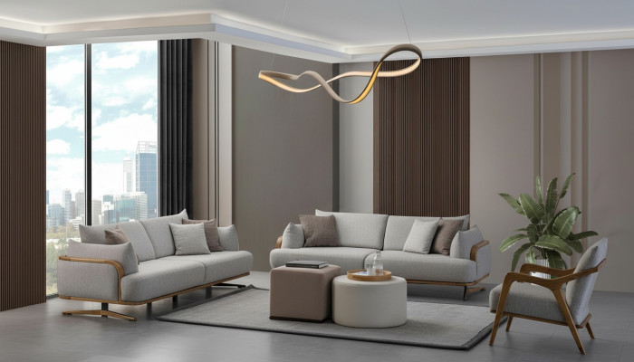 Furniture Living Room Light Color Set 2x 3-Seater Sofas and Armchair 3-piece.