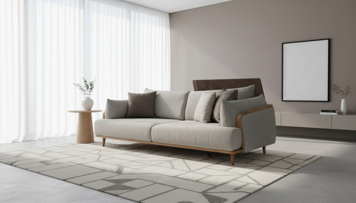 Luxurious 3-seater sofa, light color, modern furniture in living room