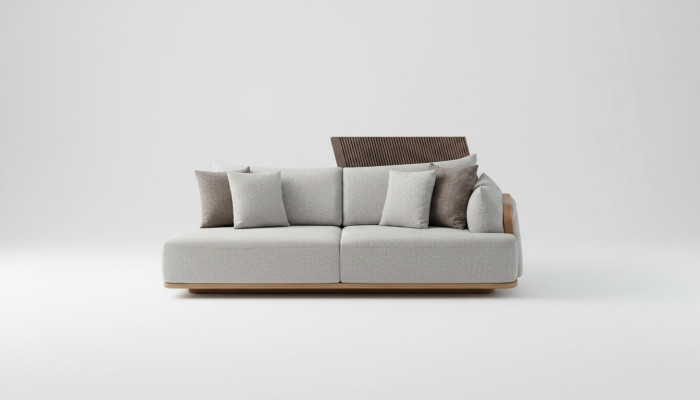 Luxurious 3-seater sofa, light color, modern furniture in living room