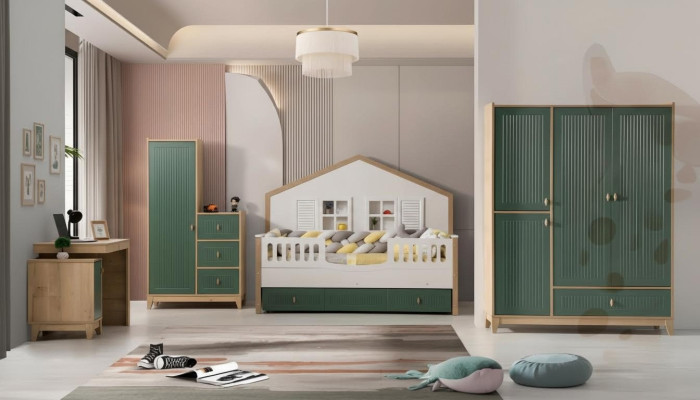 Children's room set consists of a bed, 2 wardrobes, and a desk.