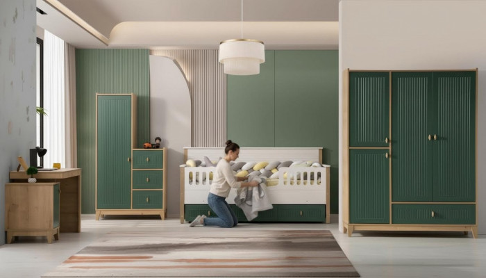Stylish children's room set consists of a bed, 2 wardrobes, and a desk.