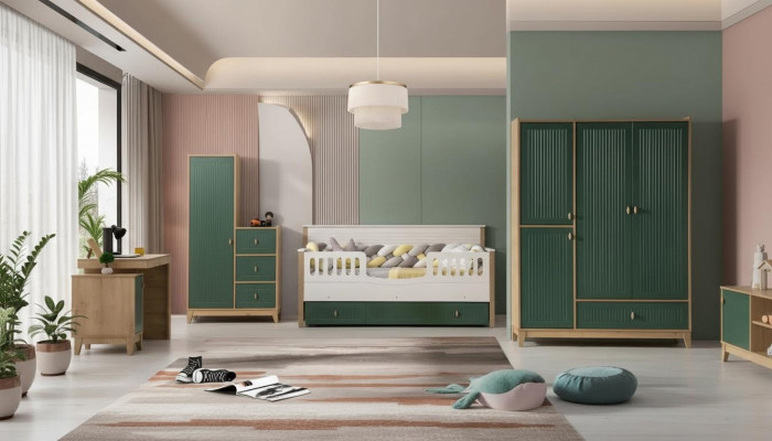 Stylish children's room set consists of a bed, 2 wardrobes, and a desk.