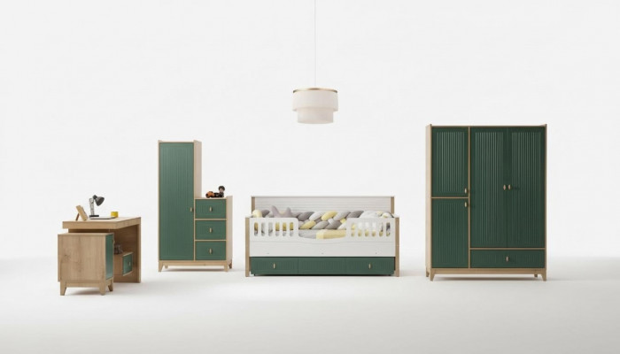 Stylish children's room set consists of a bed, 2 wardrobes, and a desk.