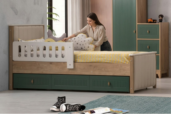 Stylish children's bed 200 cm youth bed wood children's room fabric modern