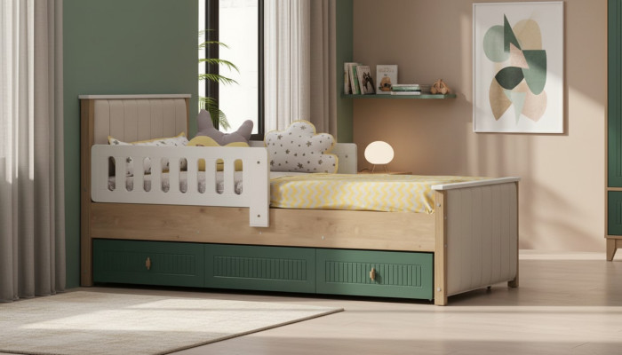 Stylish children's bed 200 cm youth bed wood children's room fabric modern