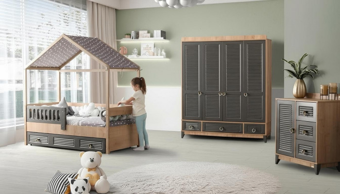 Gray Youth Room Set Children's Room Dresser, Wardrobe, and Bed 3-piece.