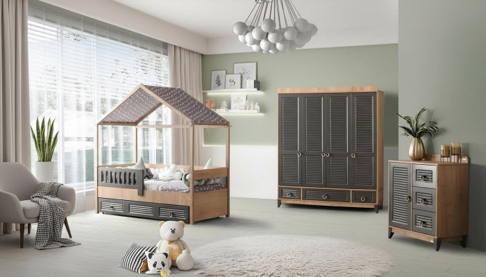 Gray Youth Room Set Children's Room Dresser, Wardrobe, and Bed 3-piece.