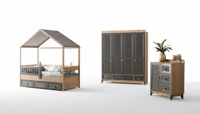 Gray Youth Room Set Children's Room Dresser, Wardrobe, and Bed 3-piece.