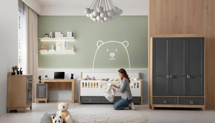 Luxurious children's furniture set nursery children's bed gray wood set 4-piece