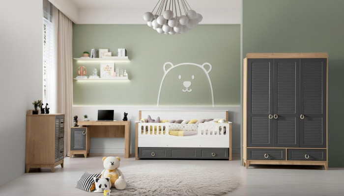 Luxurious children's furniture set nursery children's bed gray wood set 4-piece