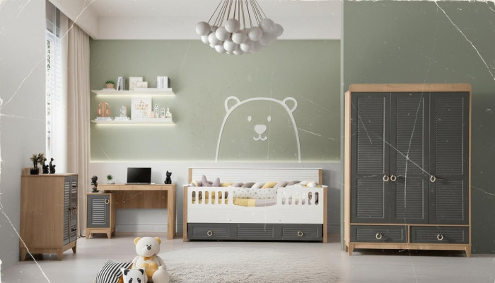 Luxurious children's furniture set nursery children's bed gray wood set 4-piece