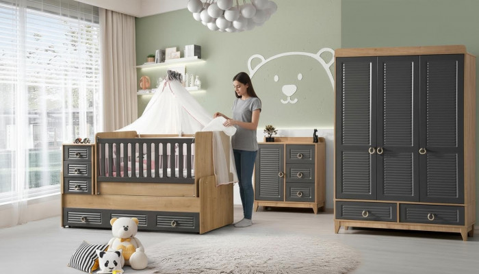 Stylish children's room furniture children's room children's bed grey wood set 4 pieces