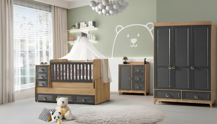 Stylish children's room furniture children's room children's bed grey wood set 4 pieces