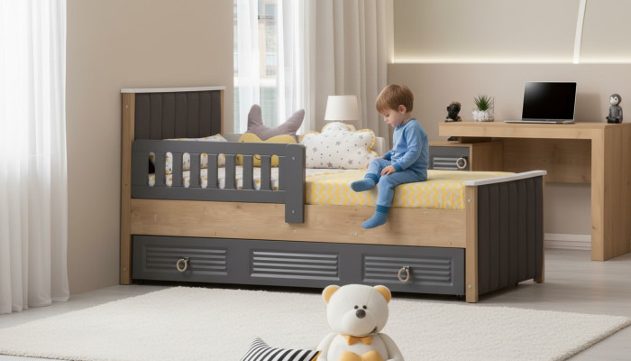 Bed frame for children's bed, children's room, children's room furniture, gray wood.