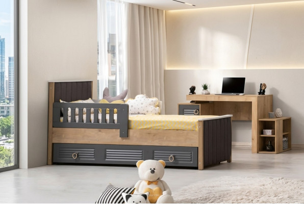 Bed frame for children's bed, children's room, children's room furniture, gray wood.