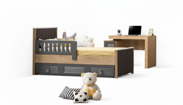 Bed frame for children's bed, children's room, children's room furniture, gray wood.