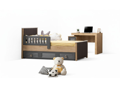 Bed frame for children's bed, children's room, children's room furniture, gray wood.
