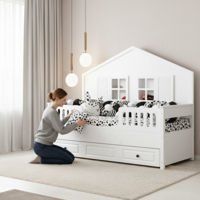 Children's bed wooden bed multifunction bed Extendable white wood bed 90 x 200