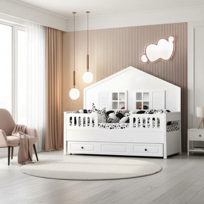 Children's bed wooden bed multifunction bed Extendable white wood bed 90 x 200