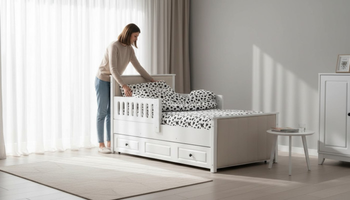 Children's Wooden Bed, Functional Pull-Out Bed 200 Wood White