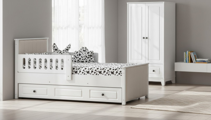 Children's Wooden Bed, Functional Pull-Out Bed 200 Wood White