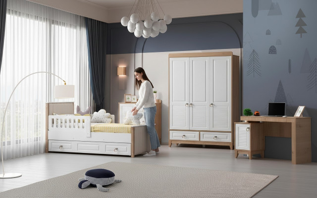 Modern children's room set: bed, wardrobe, dresser, desk, bright.