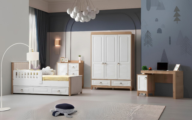 Modern children's room set: bed, wardrobe, dresser, desk, bright.