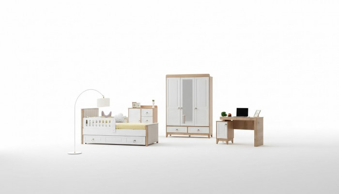 Modern children's room set: bed, wardrobe, dresser, desk, bright.