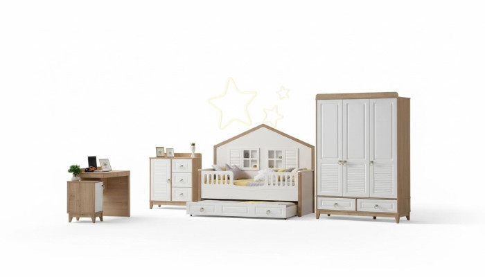 Modern children's room set bed wardrobe desk bright 4-piece new