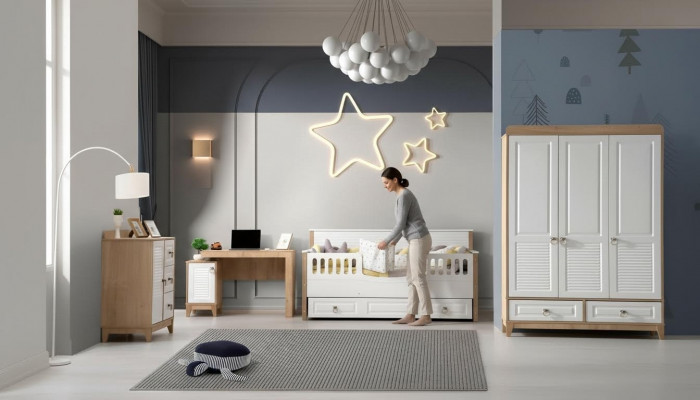 Children's room set bed wardrobe dresser desk white 4-piece