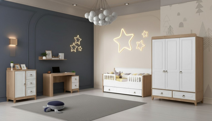 Children's room set bed wardrobe dresser desk white 4-piece