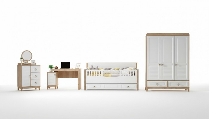 Children's room set bed wardrobe dresser desk white 4-piece