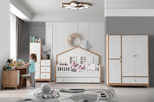 Stylish children's room set: bed, wardrobe, and table, bright 4-piece set