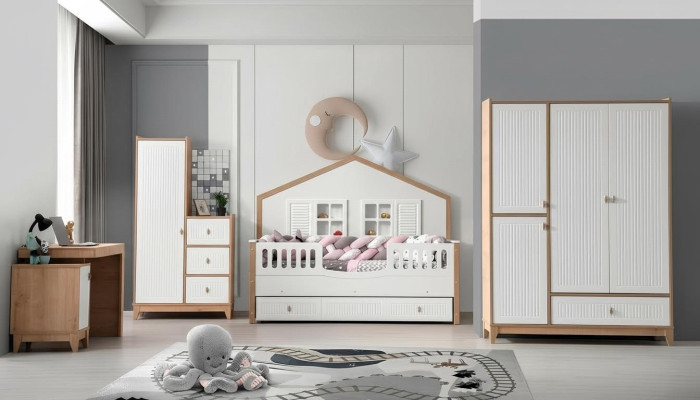 Stylish children's room set: bed, wardrobe, and table, bright 4-piece set